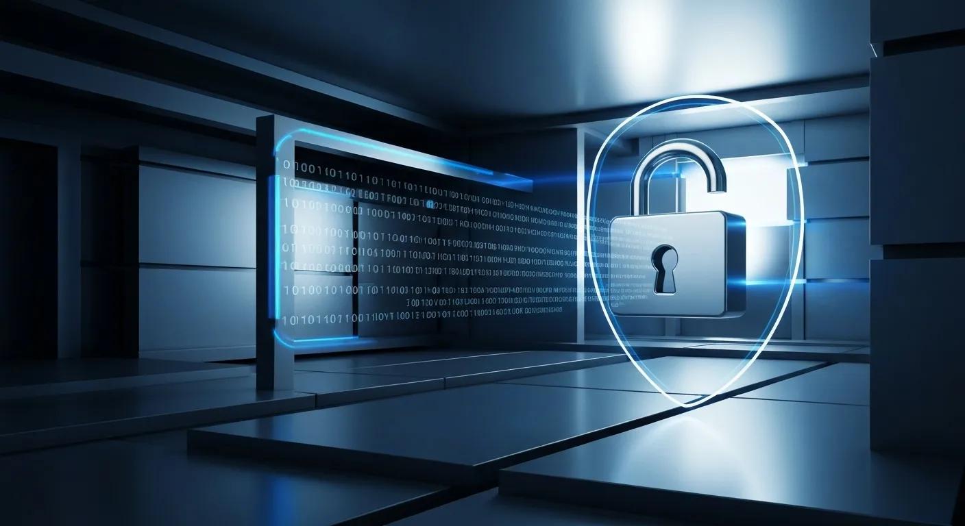 Digital padlock symbolising online security and data encryption, surrounded by binary code, representing advanced protection measures in online gaming environments.