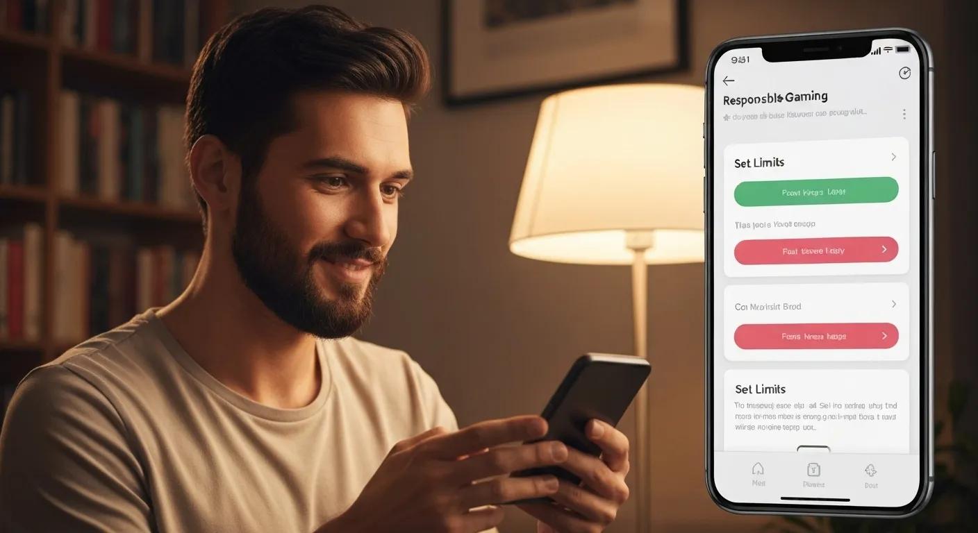 Person using a smartphone to access responsible gambling tools, featuring options to set limits for safe online gaming.