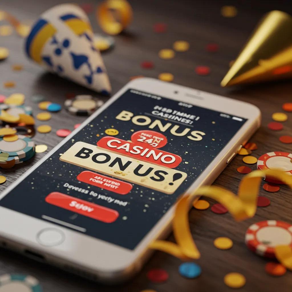 A smartphone screen displaying a vibrant mobile casino bonus offer, surrounded by festive elements