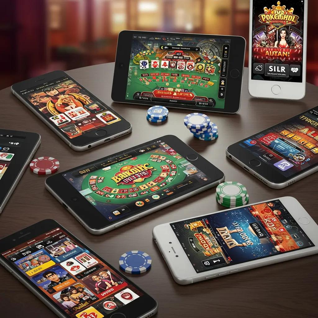 A collage of popular mobile casino games displayed across various smartphones and tablets
